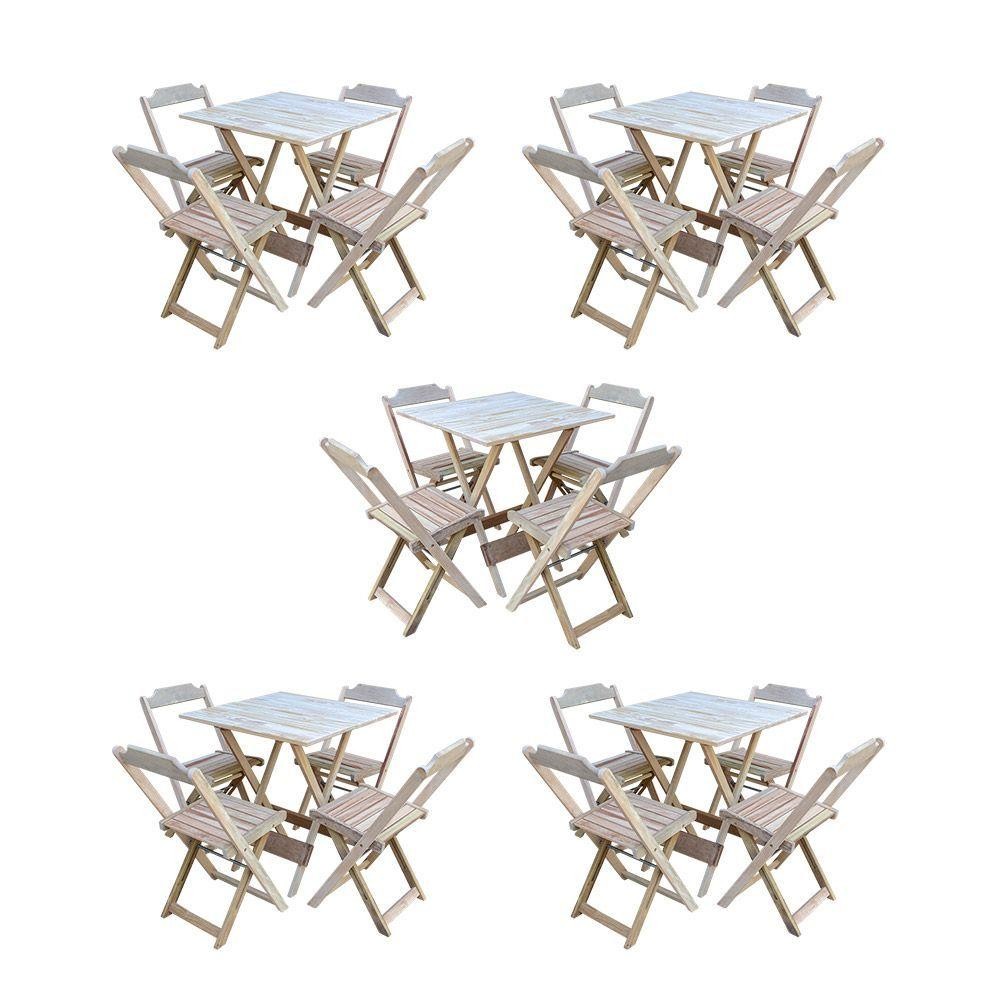 Kit 5 Conjuntos De Mesa Dobravel Com 4 Cadeiras De Madeira 70X70 Para Restaurante E Bar - Sem Pintur