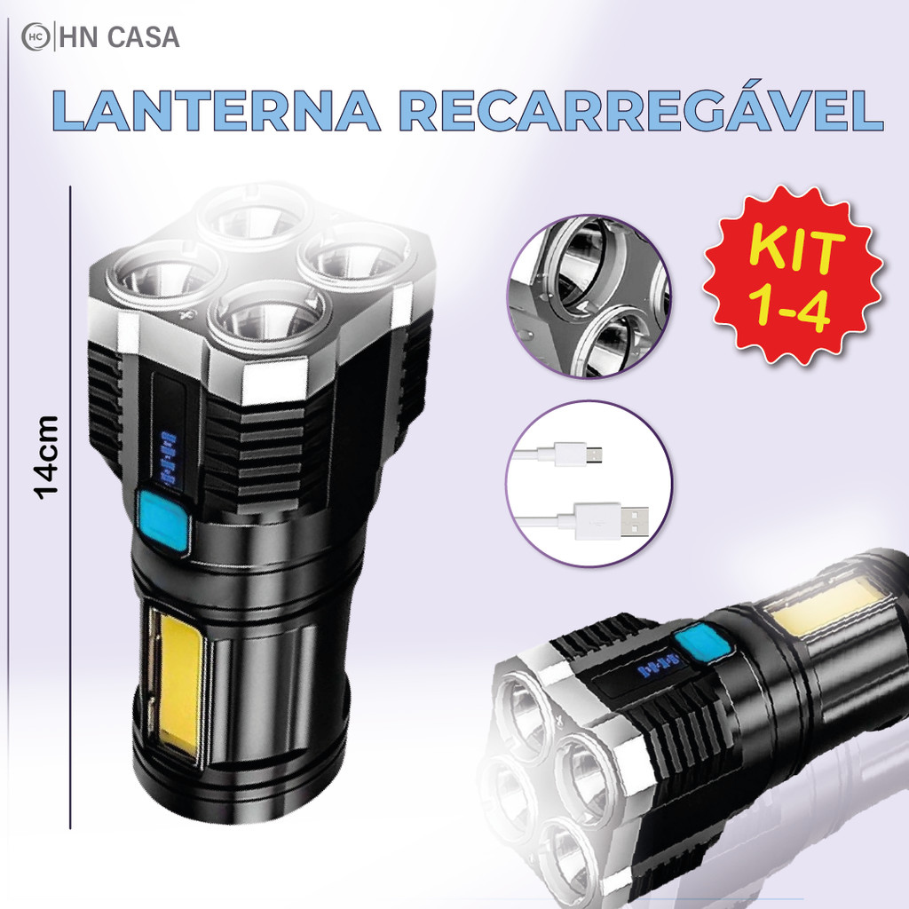Super Lanterna Led Portátil Recarregável USB Resistente a água com Luz lateral c/ 4 LEDS