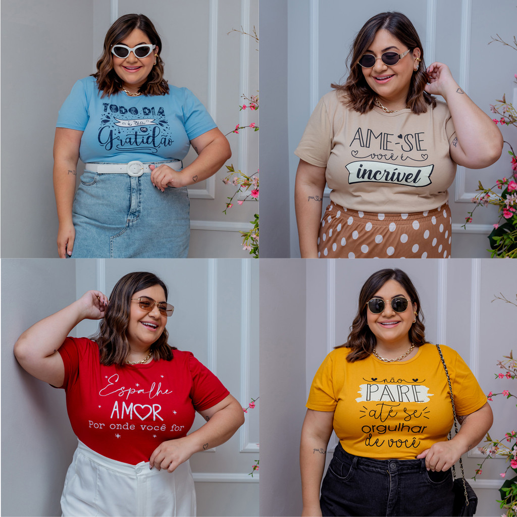 Kit 5 Blusa Feminina Plus Size Manga Curta Gola Redonda Casual Básica