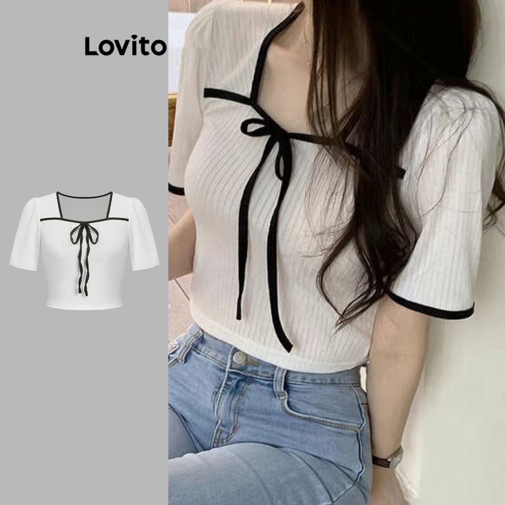 Lovito Camiseta Casual Com Encadernação De Contraste Liso Com Cadarço Em Tecido Texturizado Para Mulheres L114AD399 - Women Clothes