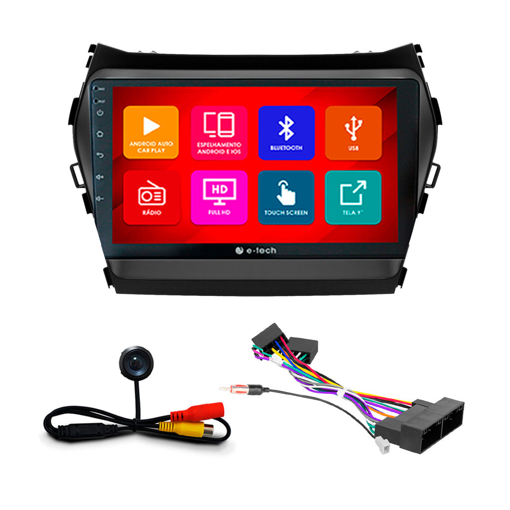 Kit Multimídia 9 Pol Santa Fé 2014 15 16 2017 Android Auto CarPlay Qa+ 2 Din Preto Espelhamento Android Ios Camera Ré