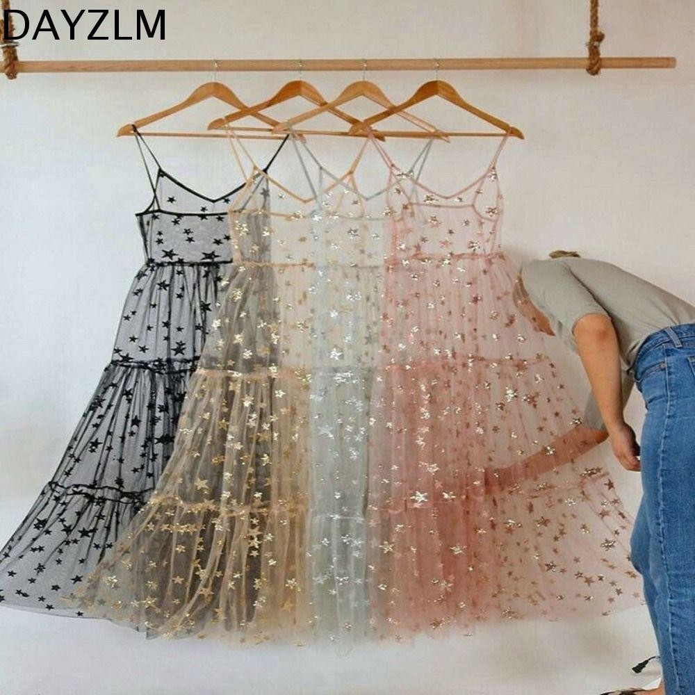 DAYZLM Vestido De Tule De Verão Transparente Grande Renda Estrela Bling Empregada Com Deco...