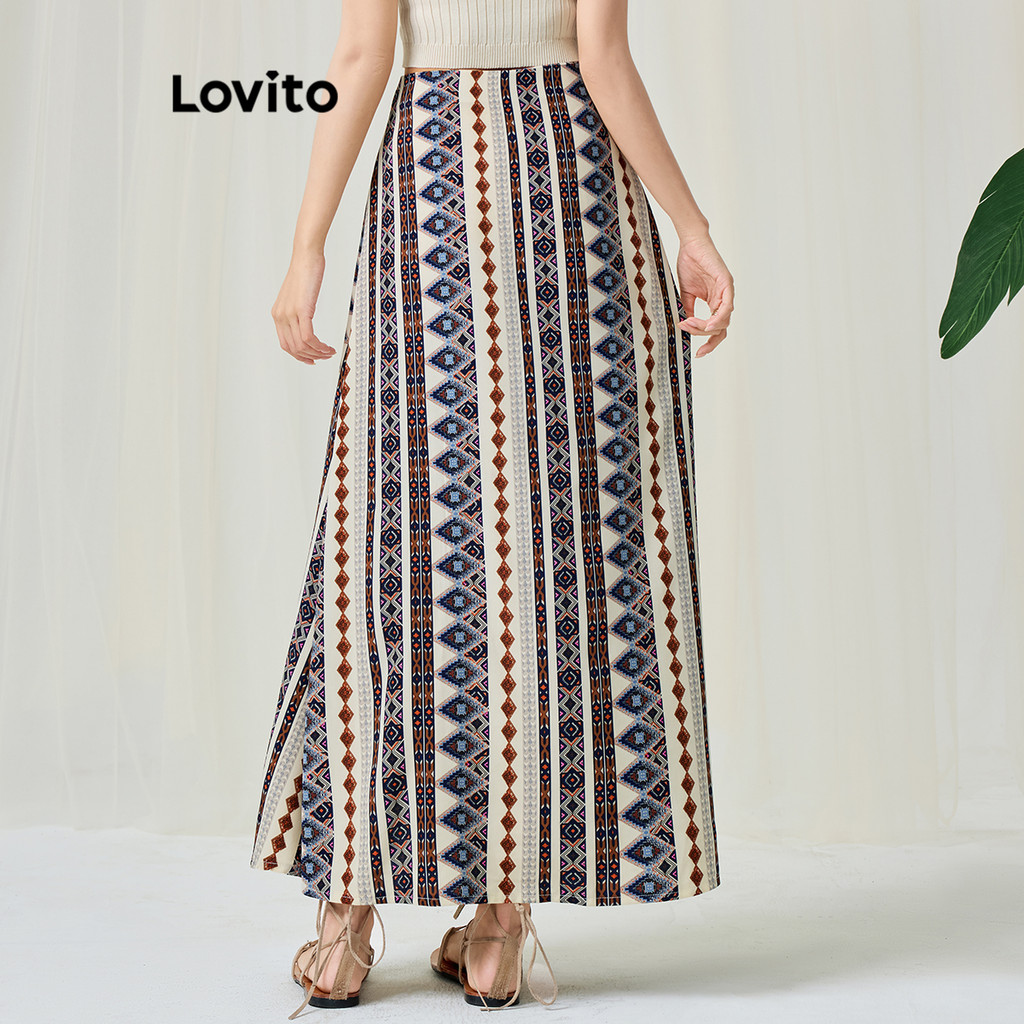 (Trendy) Lovito Saias Boho Com Frente Dividida Geométrica Para Mulheres L113MD287 em Oferta na Shopee