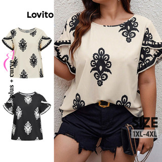 Lovito Blusa feminina plus size curva casual com babados e babados LBL14372(Multicolorido) em Oferta na Shopee