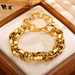 Vnox Chunky 11mm Bold Handmade Link Chain Pulseiras Para Mulheres , Pulseira De Aço Inoxidável Dourado Joia Presente