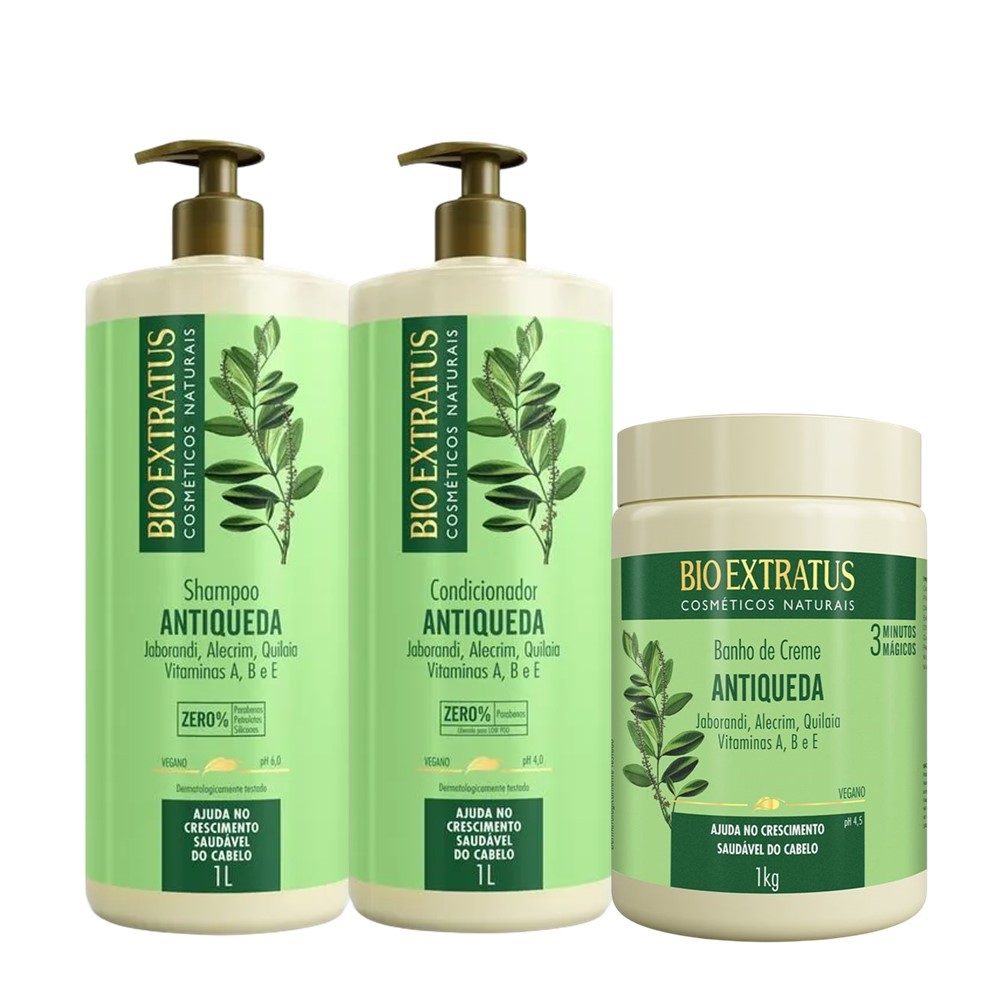 Kit Shampoo Condicionador e Máscara Antiqueda Jaborandi Crescimento do Cabelo Bio Extratus 1L
