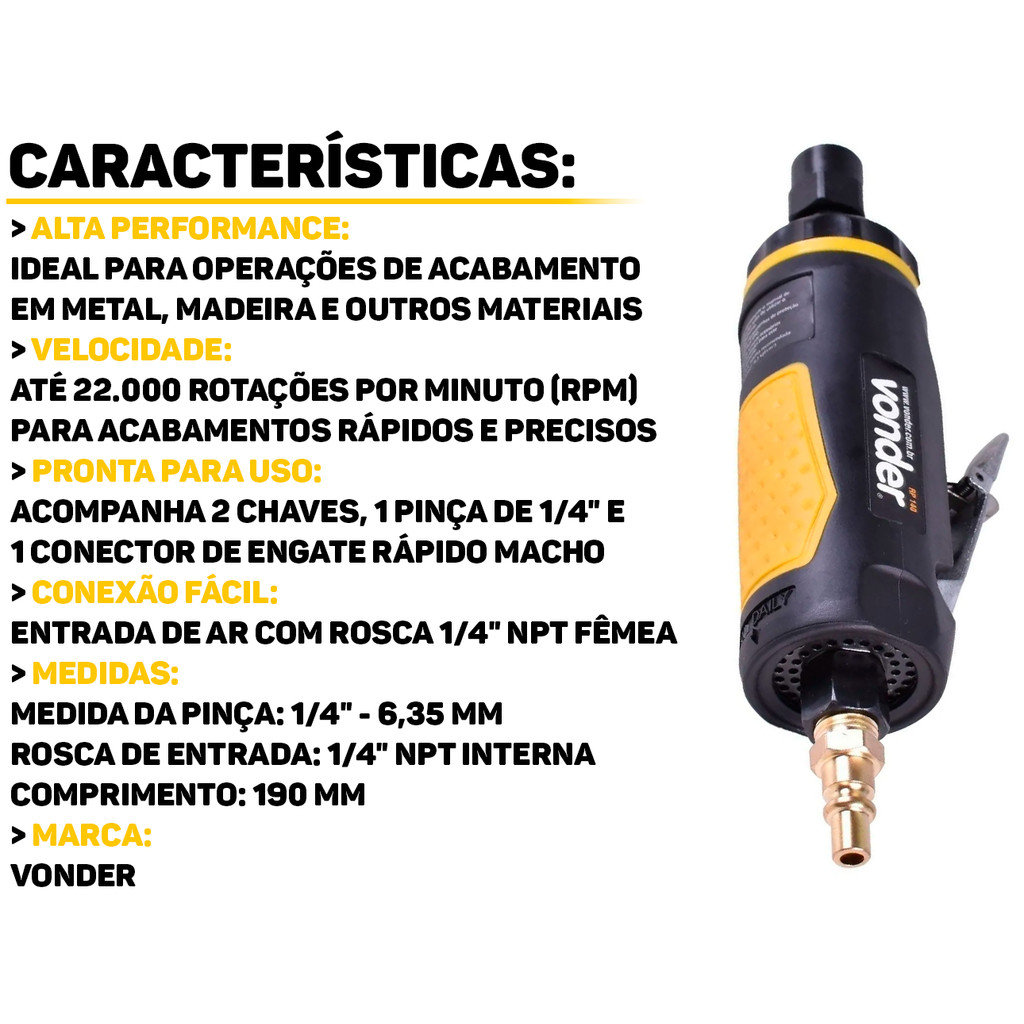 Detalhes do Retífica Pneumática Alumínio Curta Reta Para Acabamentos Removedor De Rebarbas 1/4' Vonder