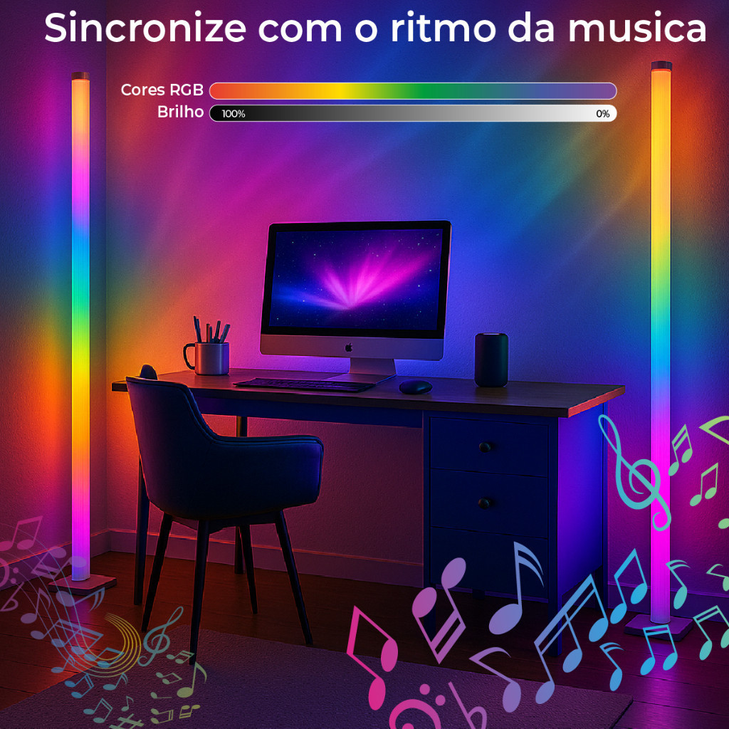 Luminária de Chão RGB LED 5050 Torre Inteligente com Controle 9.6W Barra Modo Música via USB