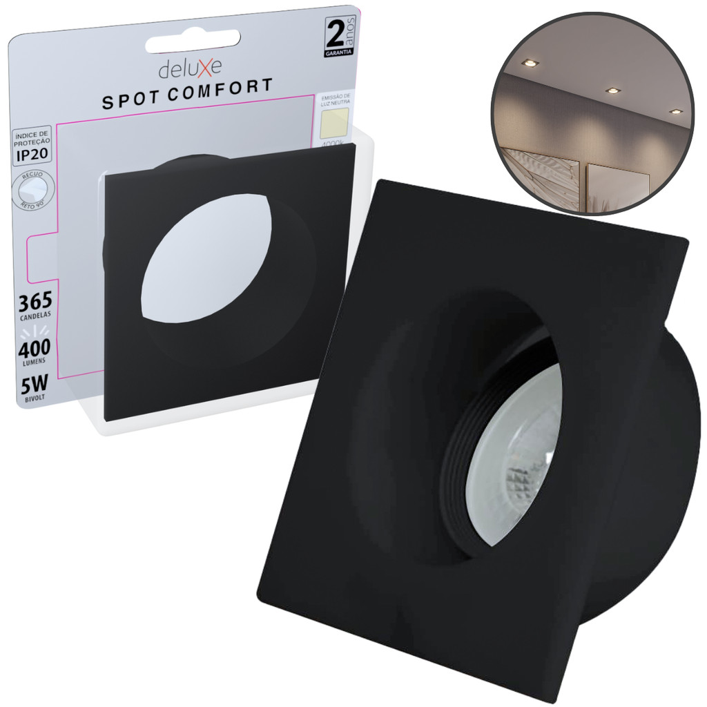 Spot Led Comfort Embutir 5w 4000k Branco Neutro 9,4cm 110v/220v Bivolt Ip20 Redondo Preto Cod:908834086 Deluxe by avant em Oferta na Shopee