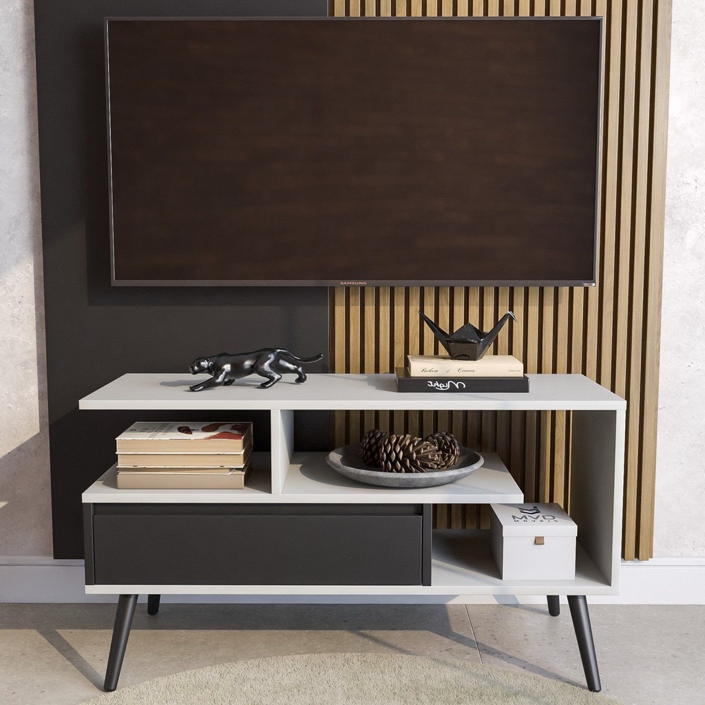Rack Retrô para TV até 55 Polegadas MDF 90cm Pés em Madeira Maciça Aparador com Porta Nicho Prateleira Palito Retro