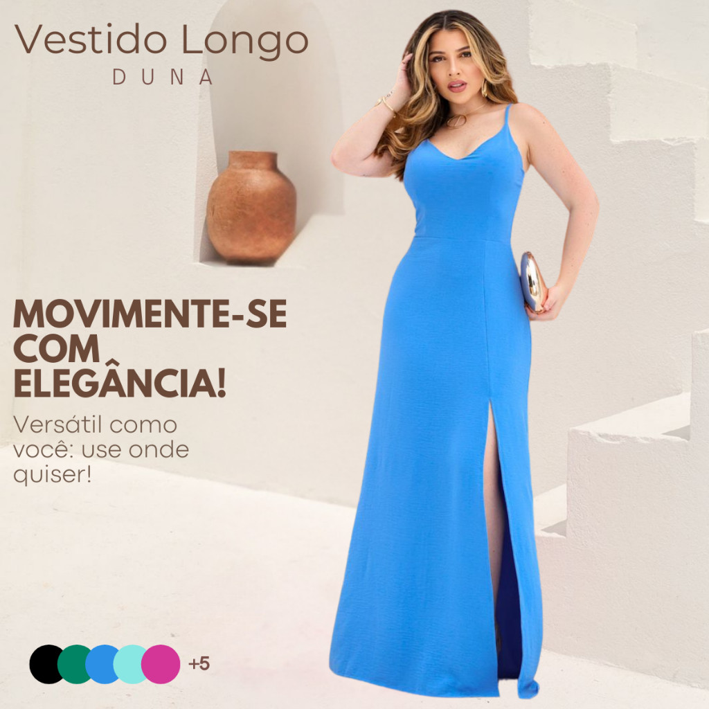 Vestido Feminino Longo Com Fenda Duna Soltinho Com Alças Ajustáveis e Zíper Elegante Festas Madrinha Casamento Formatura