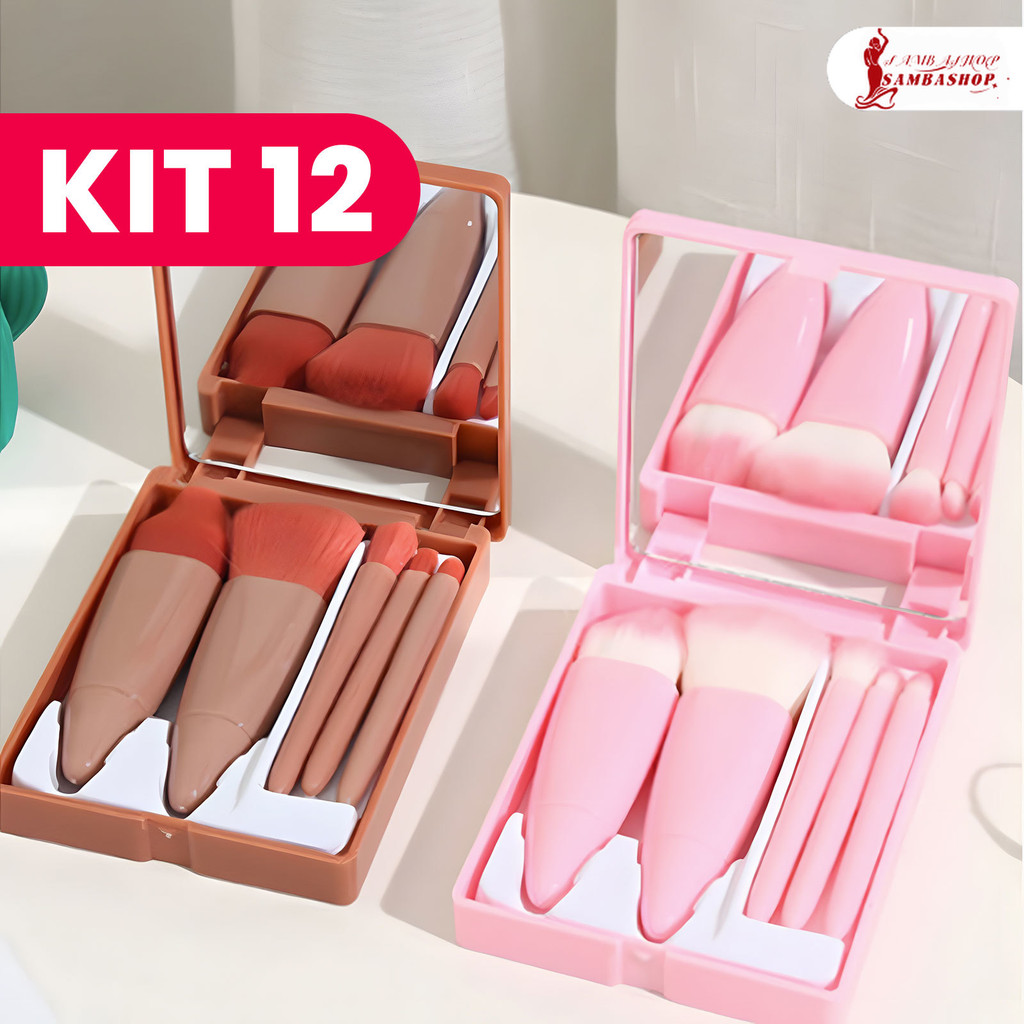 KIT 12 unidades Mini Espelho De Maquiagem Portátil Com 5 Pcs Pincéis Lupa De Maquiagem Mão Segurar Bolso Dobrável