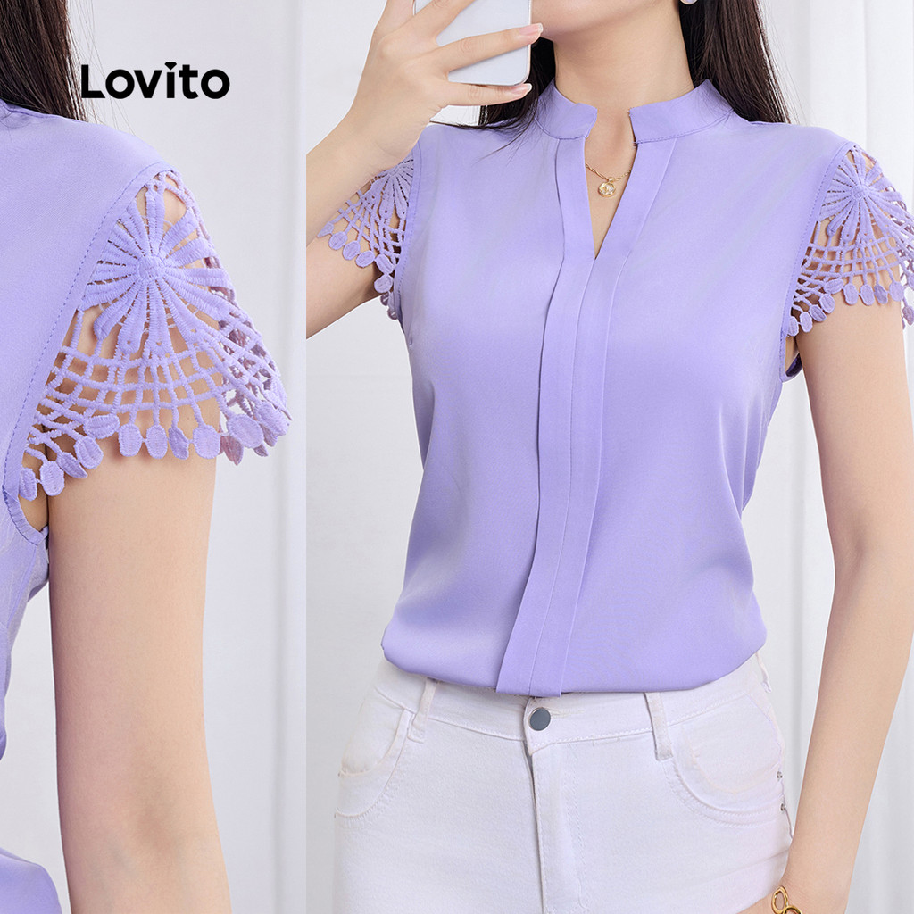 Lovito Blusa Casual com costura em tecido liso para mulheres L129ED291 em Oferta na Shopee