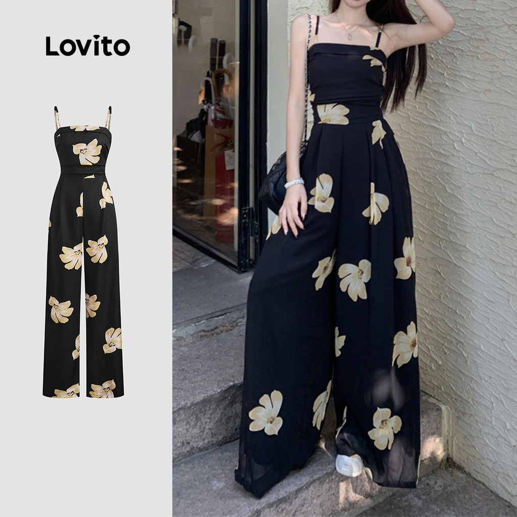 (Trendy) Lovito Macacão Casual Floral Com Babados E Laço Para Mulheres L132ED1033 em Oferta na Shopee