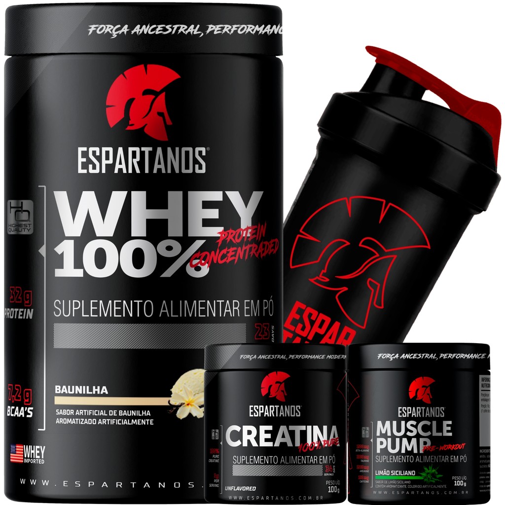 Whey Protein 100%,Creatina,pré-treino Limão,Shaker - ESPARTANOS em Oferta na Shopee