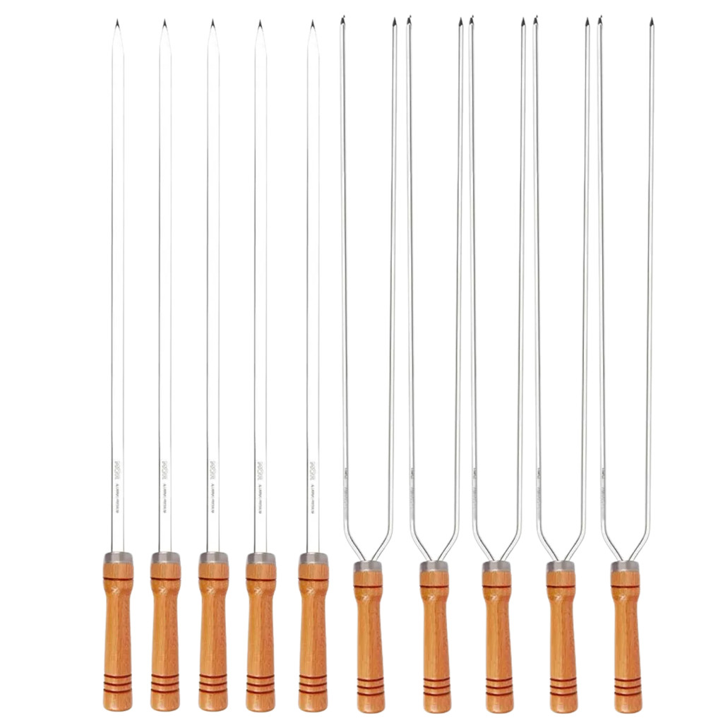 Kit 10 Espetos 75cm Preparo Churrasco Simples e Duplo Cabo Madeira Aço Cromado Mor em Oferta na Shopee