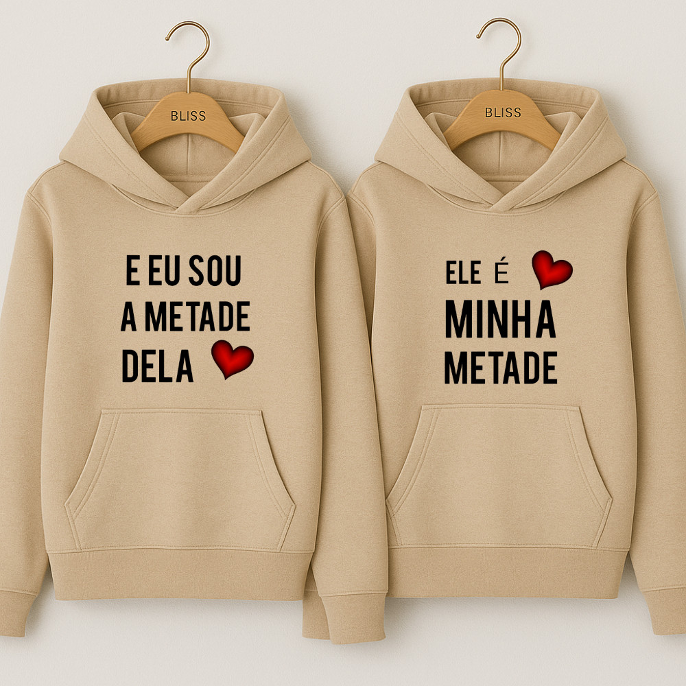 Kit com 2 Peças Moletom Canguru Casal Metade Minha Metade Dele Com Capuz Namorados Fofo Frases em Oferta na Shopee