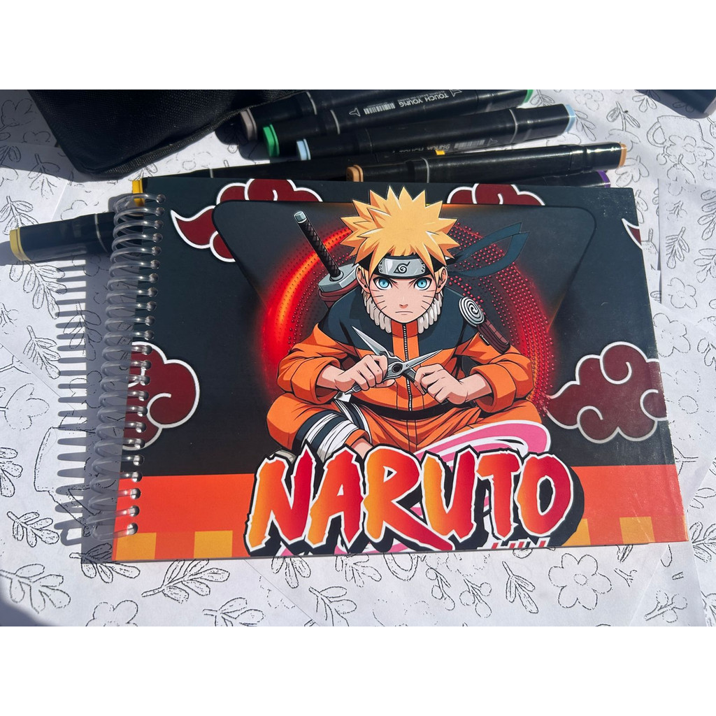 Caderno de Pintura Naruto A5 Infantil Capa Dura Espiral 50 desenhos para Colorir Ninja Anime