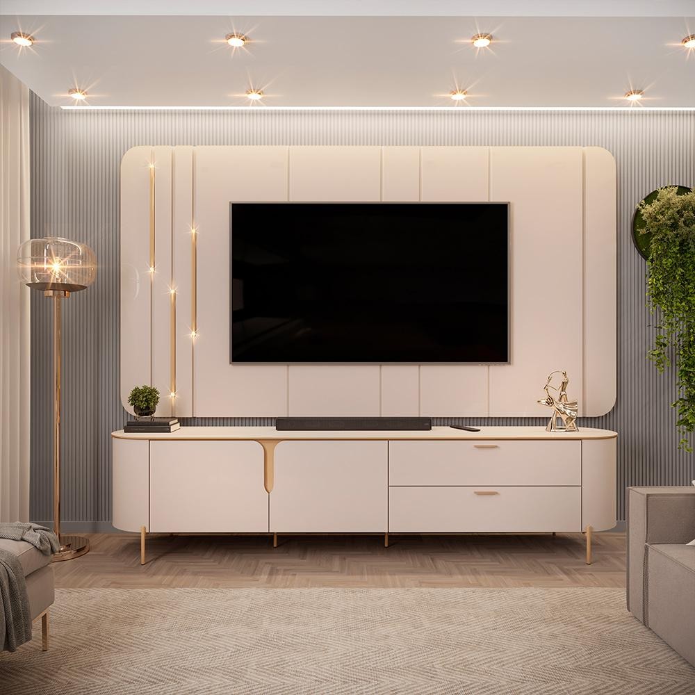 Painel com Bancada 241cm Avatar com LED e Detalhes Dourados para TV Até 75 G18 - Gran Belo