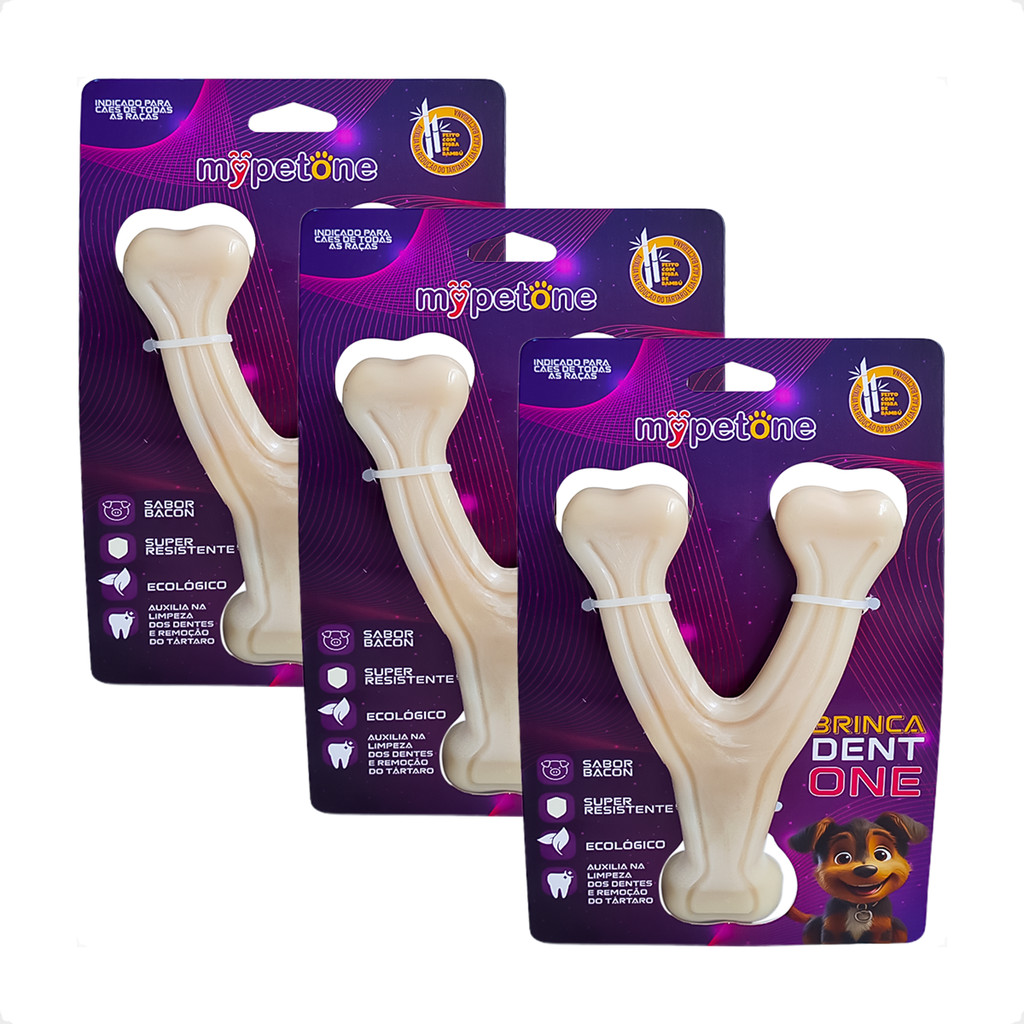 Kit 3 Brinquedo Osso Bamboo Brinca Dent One Sabor Bacon - Forquilha Médio