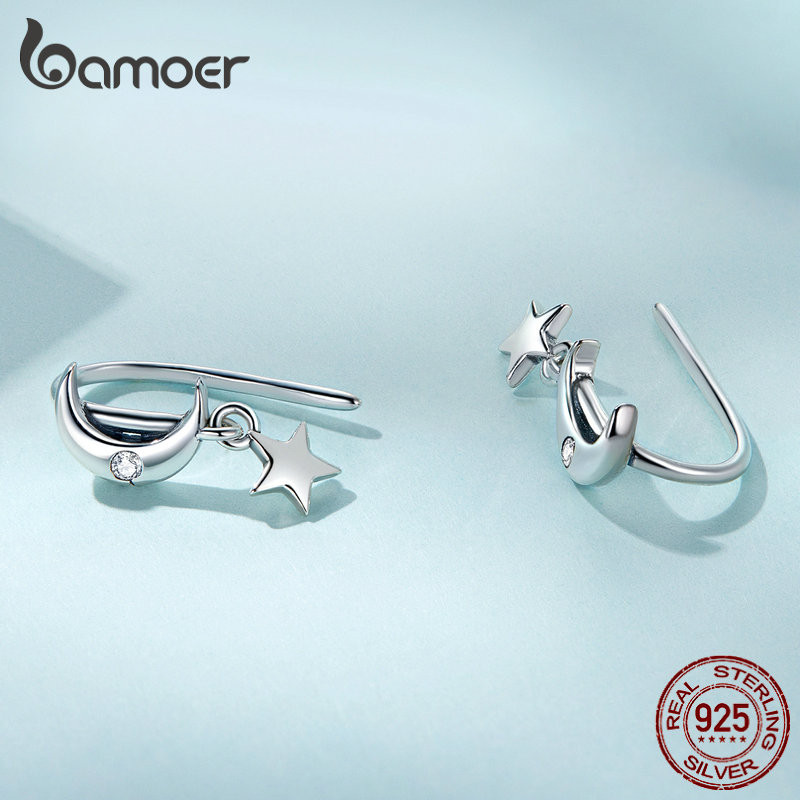 Detalhes do Brincos Bamoer 925 Sterling Sliver Estrelas E Lua Design Presentes Simples Para Mulheres SCE1500