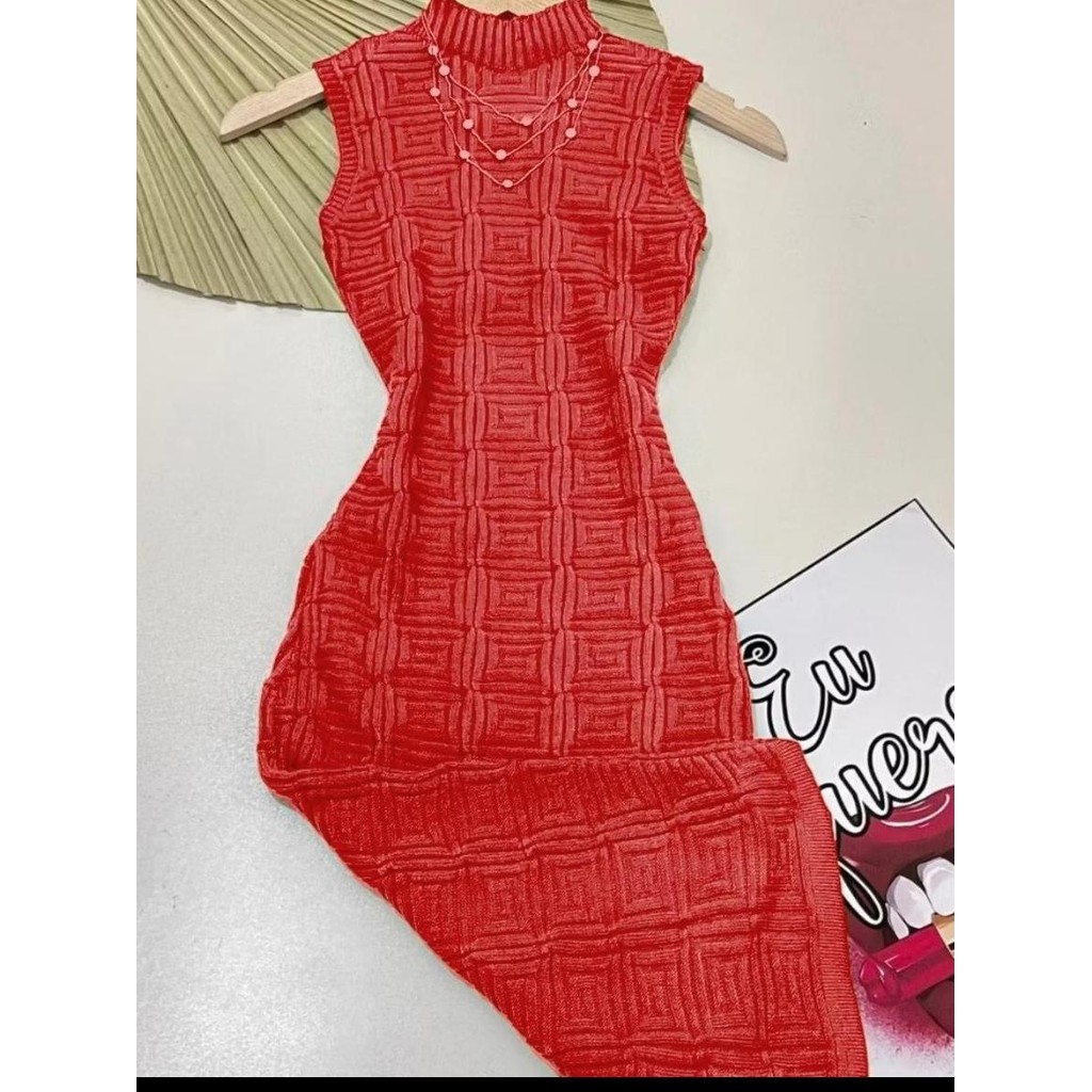 Vestido Tricot Modal Feminino Modelo Ponto Quadrado Midi  Gola Alta Verão Tendência  Festas em Oferta na Shopee