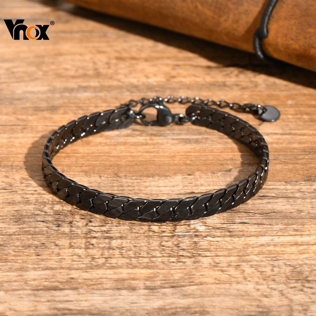 Pulseiras De Corrente Cubana Plana Vnox Para Homens E Meninos , Pulseira De Elos Ajustáveis De Aço Inoxidável , Acessóri