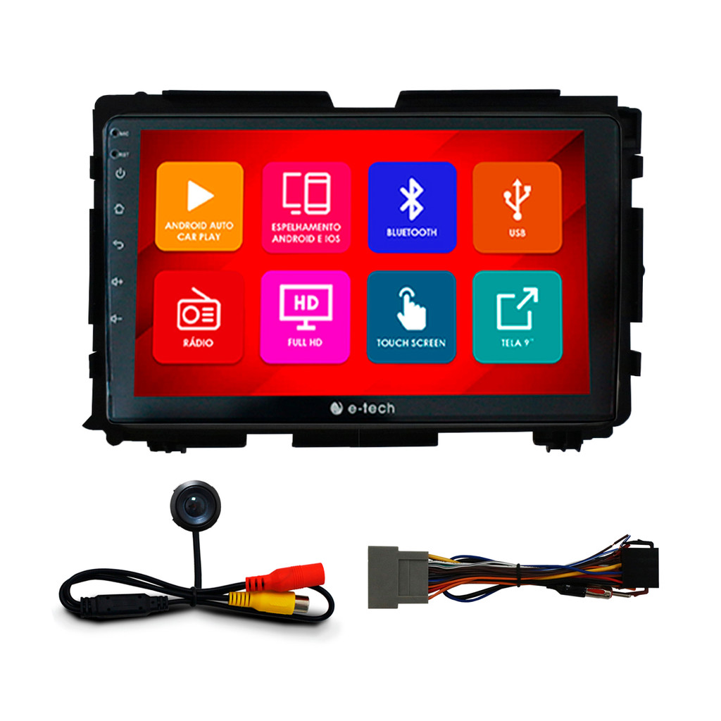 Kit Multimídia 9 Pol HR-V 2015 2016 2017 2018 Android Auto CarPlay Qa+ 2 Din Preto Espelhamento Android Ios