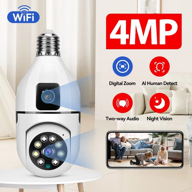 Câmera 360 Lente Dupla Lâmpada APP 2.4G WiFi 1080P Visão Noturna 360 PTZ Rastreamento Humano CCTV Monitor De Segurança C