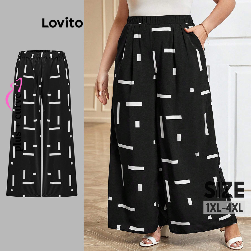 Lovito Calça Curva Plus Size Elegante Geométrica Primavera/Verão Para Mulheres LBL18341 - Women Clothes