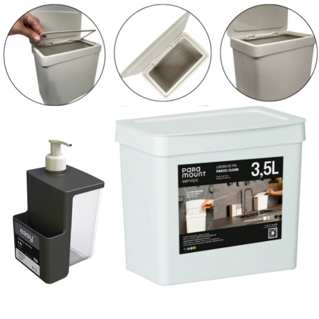 Kit Dispenser 500ML e  Lixeira P/ Pia de Cozinha Fly 3,5 Lts