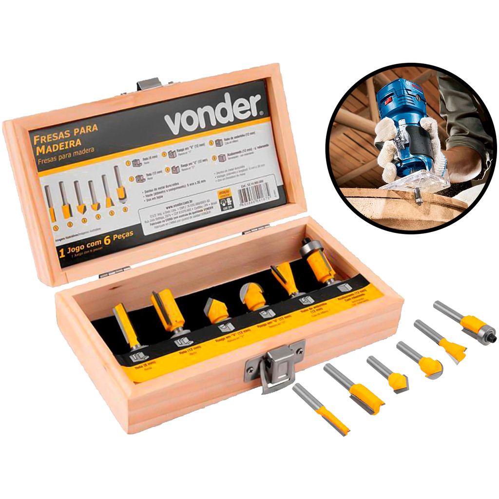 Conjunto 6 Peças Fresas Metal Para Madeira Tupia Corte Acabamento Haste 6mm + Maleta Vonder em Oferta na Shopee