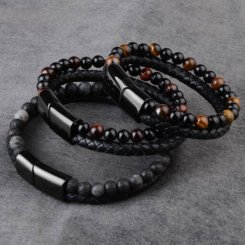 Braceletes De Couro Trançado De Pedra Natural Pulseiras Preto Aço Inoxidável Fecho Magnético Olho De Tigre Contas Bangle