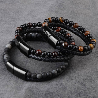 Braceletes De Couro Trançado De Pedra Natural Pulseiras Preto Aço Inoxidável Fecho Magnético Olho De Tigre Contas Bangle