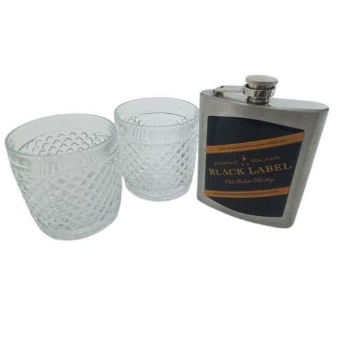 KIT WHISKY ELEGÂNCIA: 02 COPOS DE 270ML + CANTIL DE BOLSO EM INOX