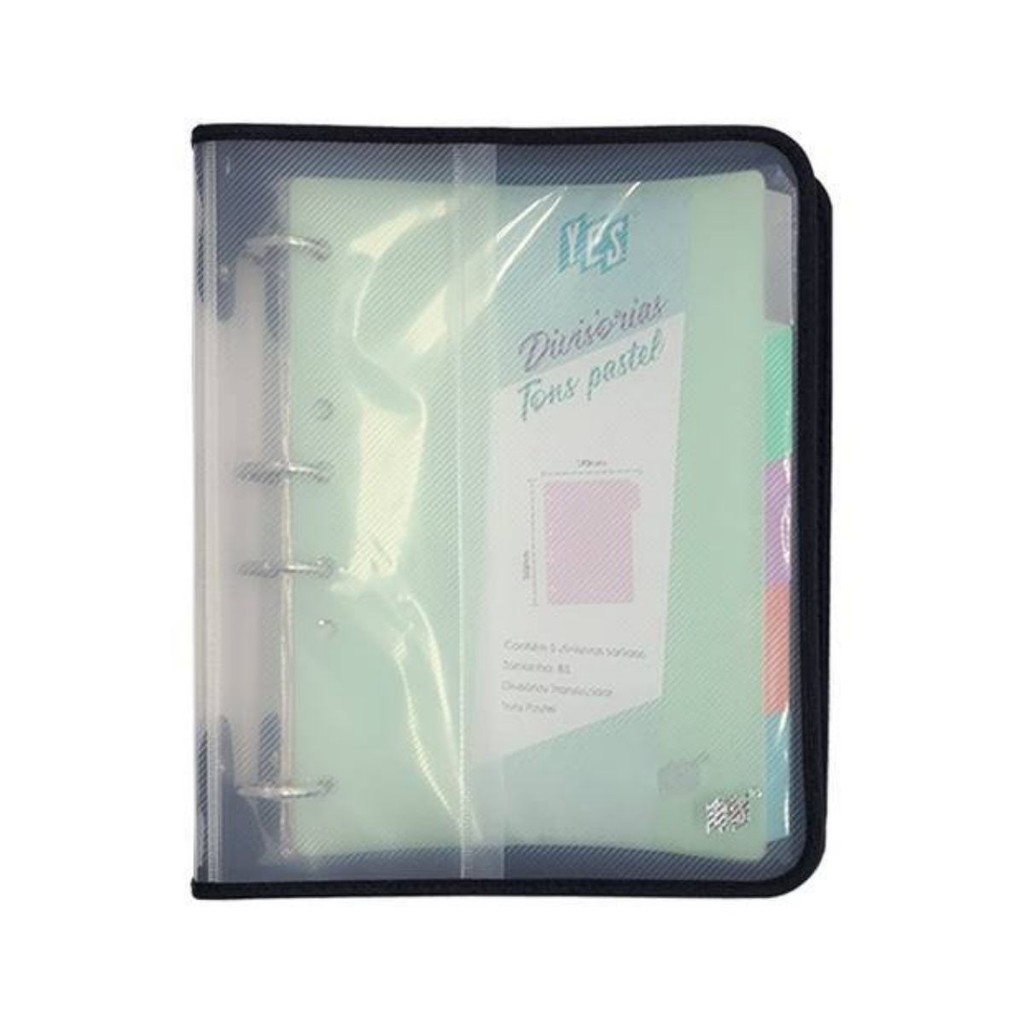 Fichário 4 Argolas com Zíper Universal B5 Cristal YES Bloco 96 Folhas 5 Divisórias e Planner Semanal