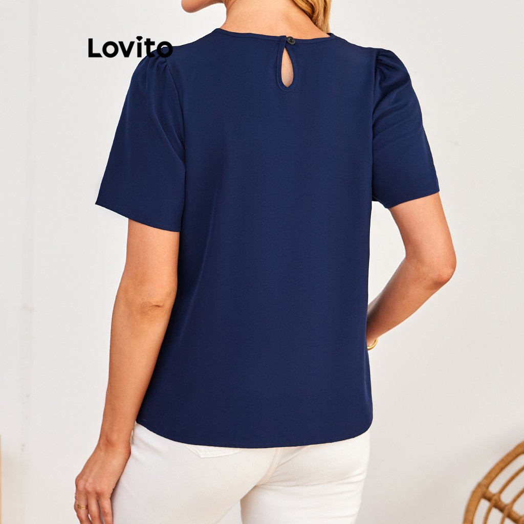(Trendy) Lovito Blusa Casual Recortada Plissada Verão/Primavera Para Mulheres LBL21098 - Women Clothes