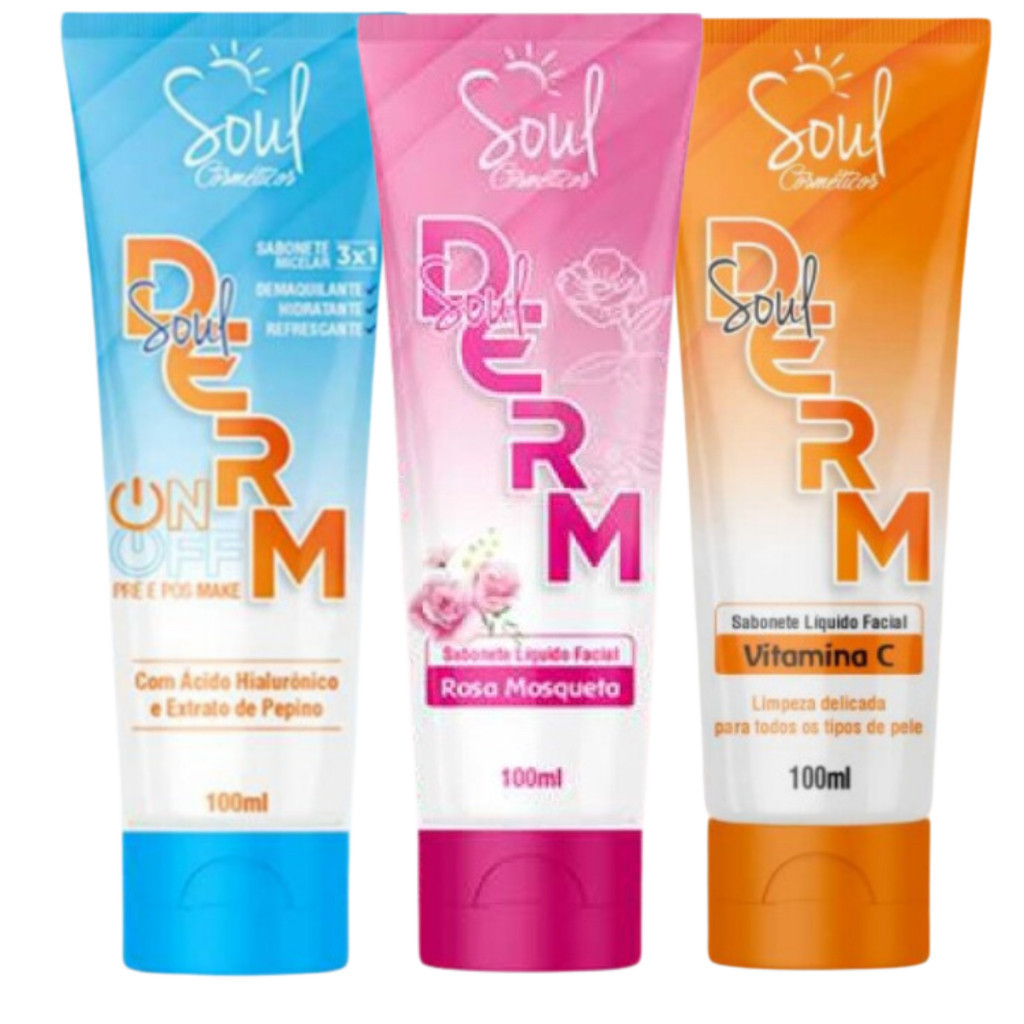 3 Sabonete Liquido Facial Vitamina C Demaquilante Micelar e Rosa Mosqueta Soul Derm