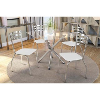 Sala de Jantar Completa Volga c/ Tampo Vidro 90cm + 4 Cadeiras Portugal Cromado/Courano Branco - Kappesberg em Oferta na Shopee