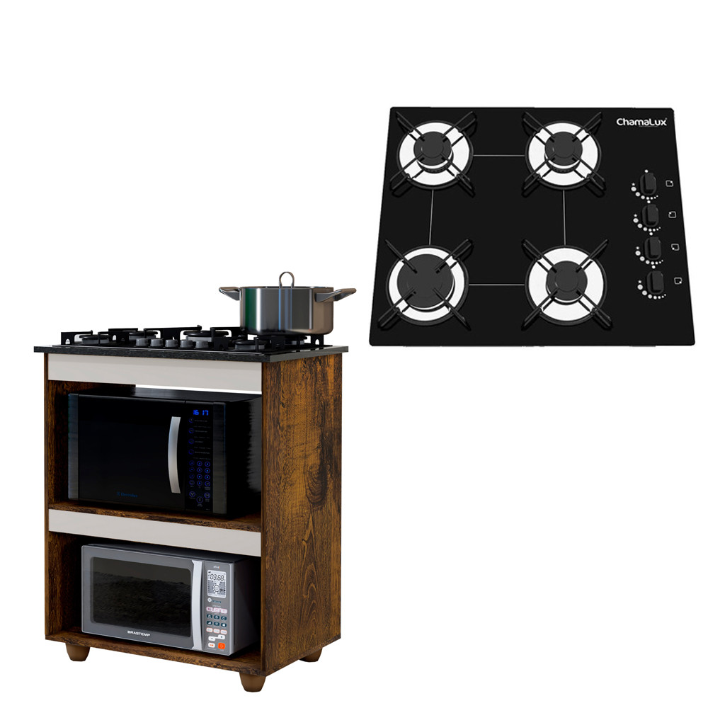KIT BALCÃO COOKTOP TURIM YPE/OFF WHITE E FOGÃO COOKTOP 4 BOCAS ULTRACHAMA CHAMALUX PRETO em Oferta na Shopee