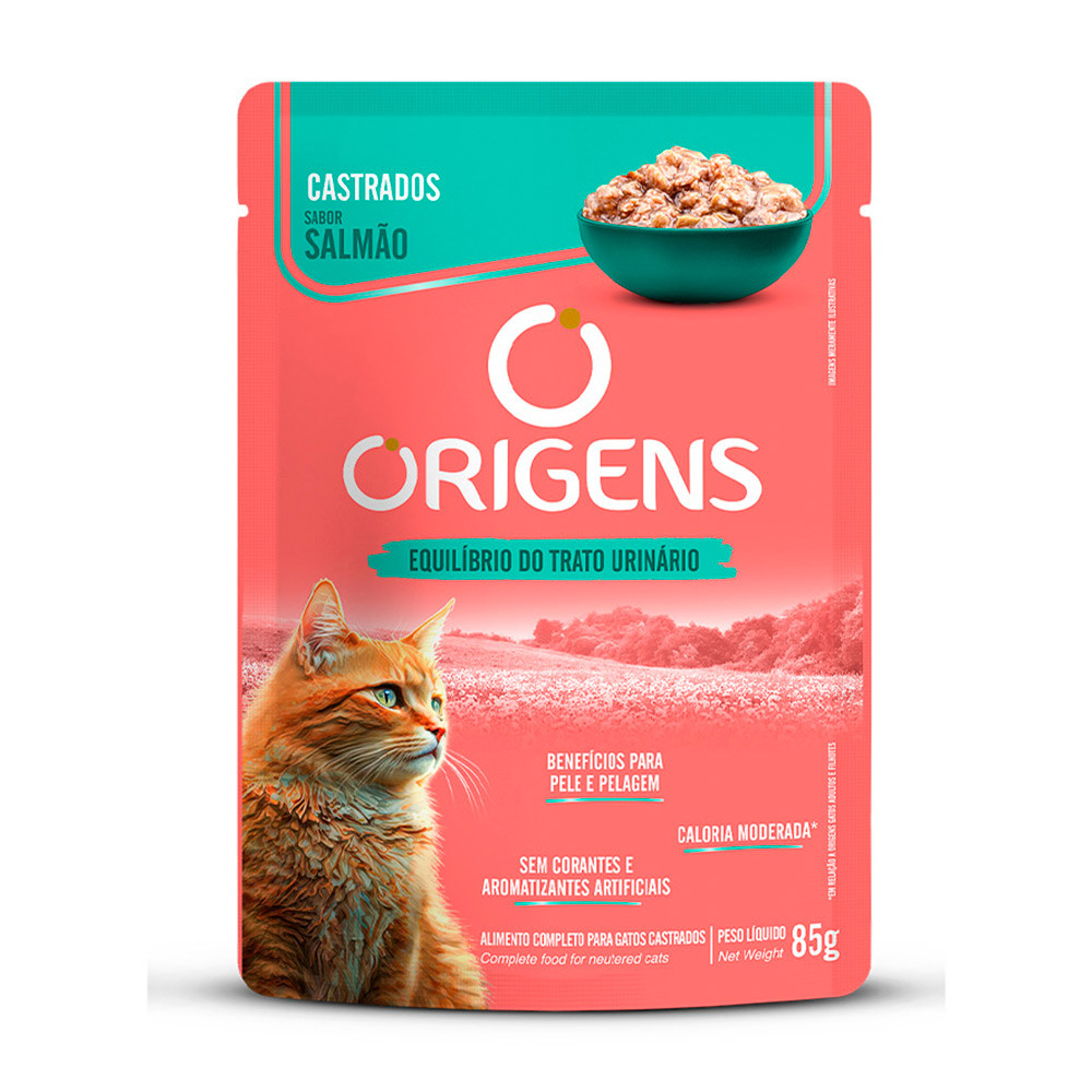 Ração Úmida Origens Sachê Gatos Castrados Sabor Salmão 85g - Pets