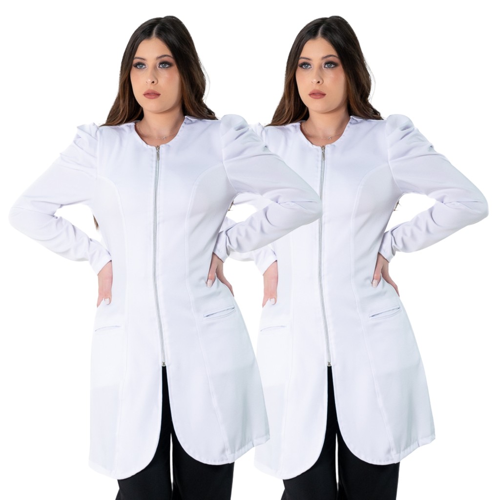 Kit 2 Jalecos Feminino Acinturado De Zíper Manga Longa Bufante Varias Cores