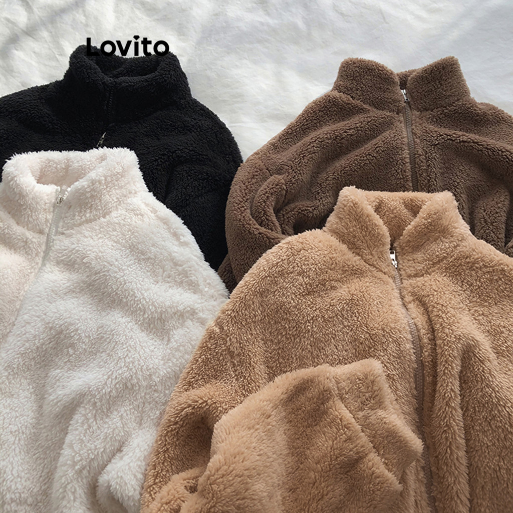 (Trendy) Lovito Casual Casaco Feminino Liso Básico com Zíper LNE29211 (Damasco/Marrom/Cáqui Claro/Preto) em Oferta na Shopee