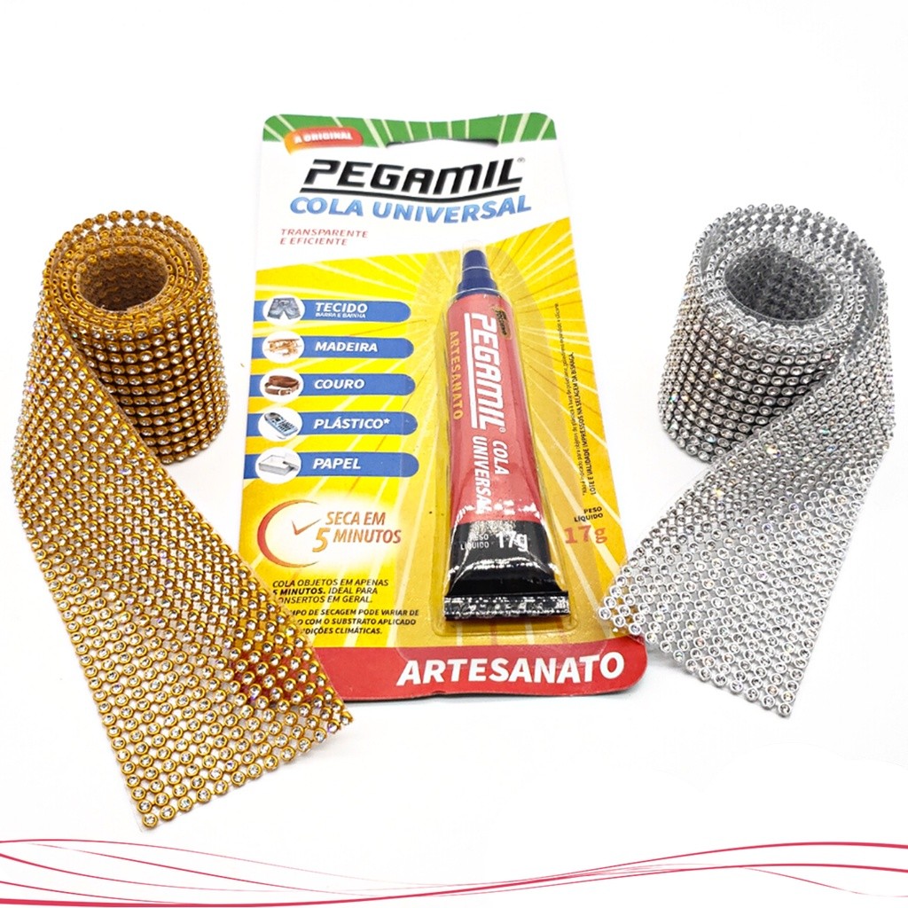 Imagem Kit 2 Manta De Strass Alto Brilho 26 Fileiras +Cola Pegamil Para Artesanato