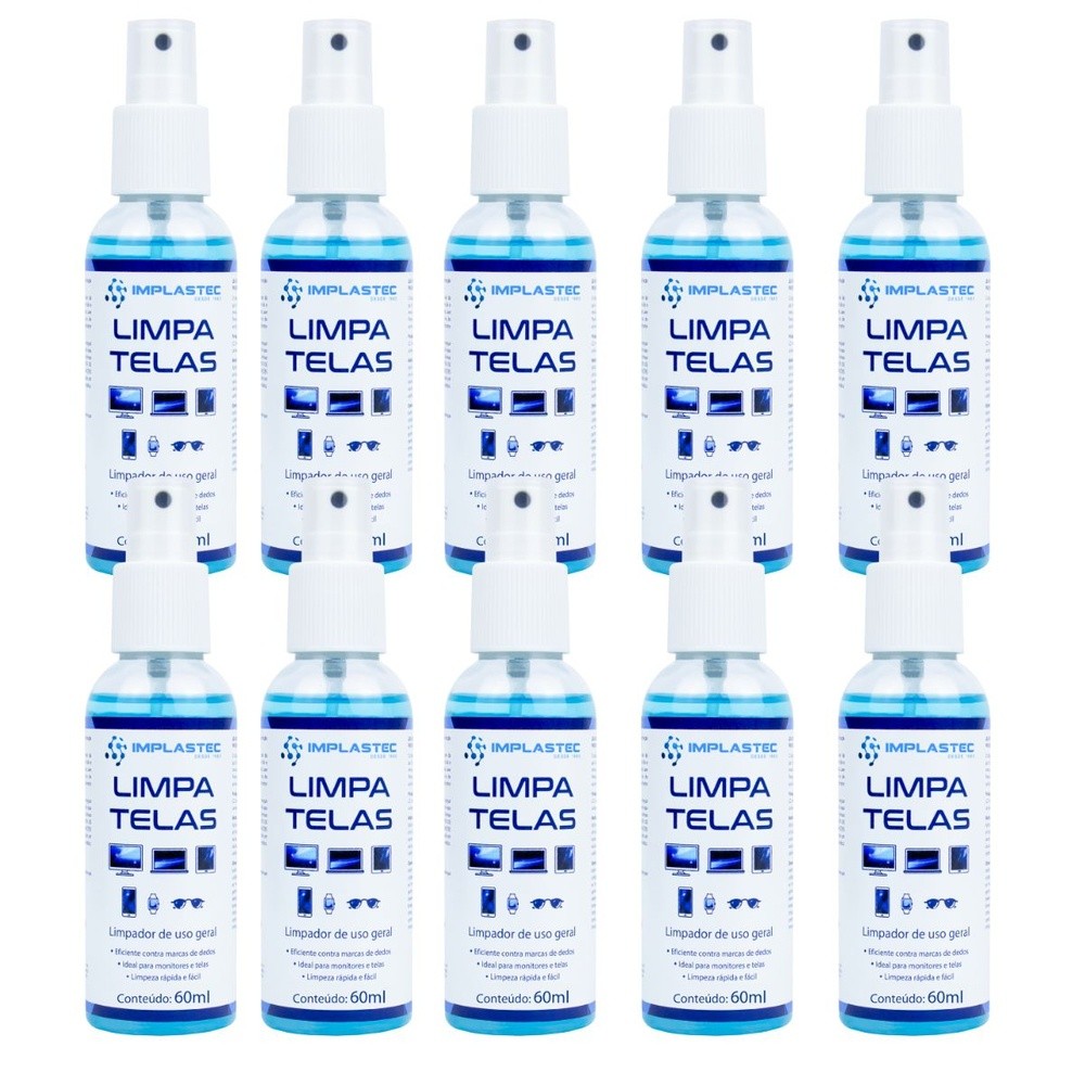 Kit 10 Limpa Telas 60ml Implastec Led Plasma Lcd iPod iPad Tvs Monitores Celulares
