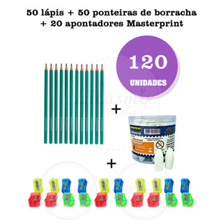 Kit 50 Lápis de Escrever N2 Preto Masterprint + 50 Borracha Escolar Ponteira Branca + 20 apontadores em Oferta na Shopee