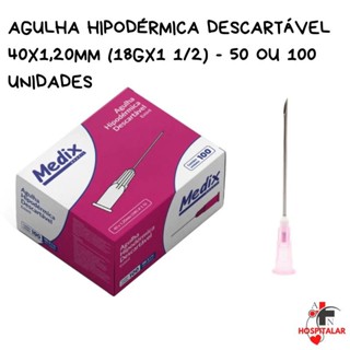 Agulha Hipodérmica Descartável 40x1,20MM (18Gx1 1/2) 50 e 100 Unidades em Oferta na Shopee