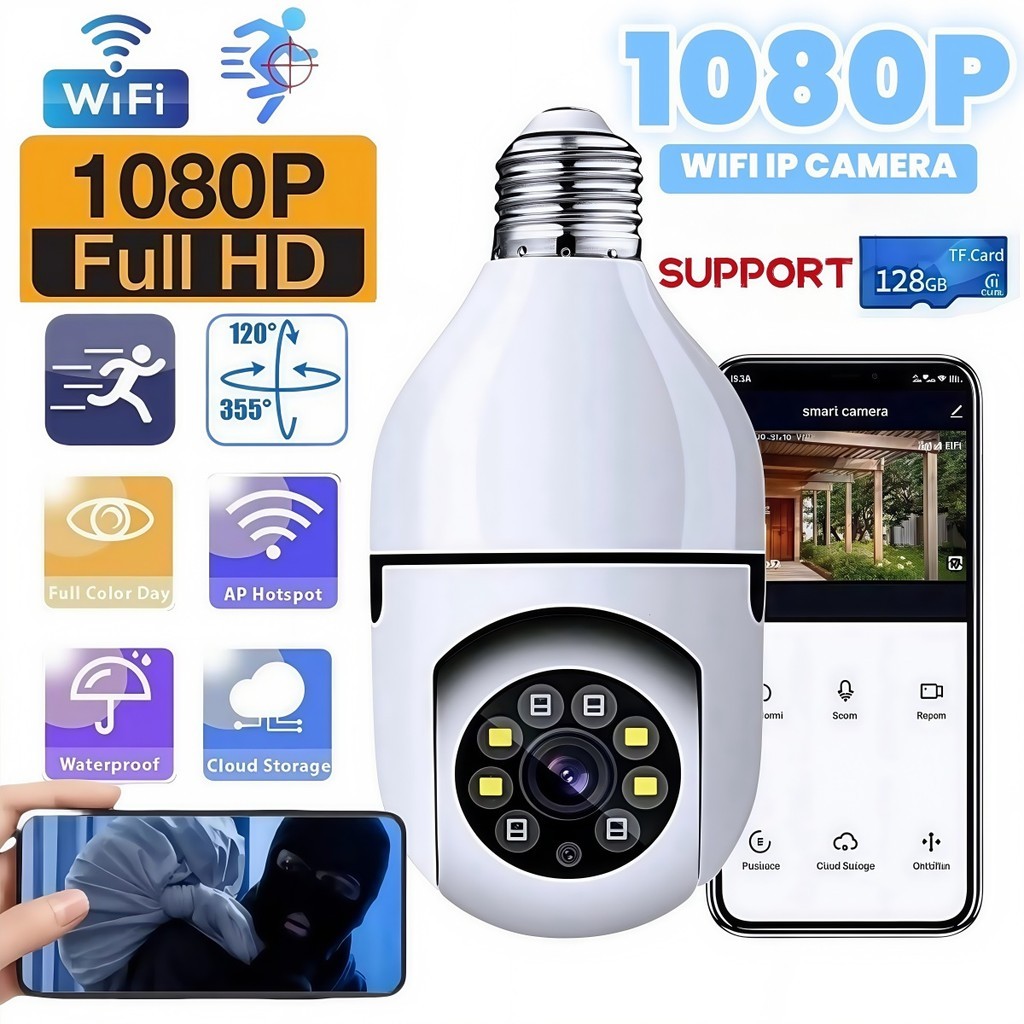 Câmera wifi ip sem fio giratória 360 com encaixe lâmpada bocal rosca yoosee ptz full HD visão noturna segurança - bivolt