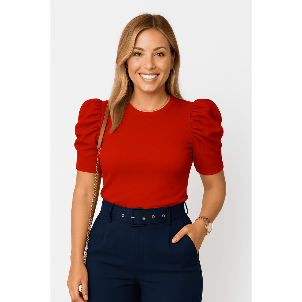 Blusa feminina lisa canelada gola rasa manga curta princesa blogueira