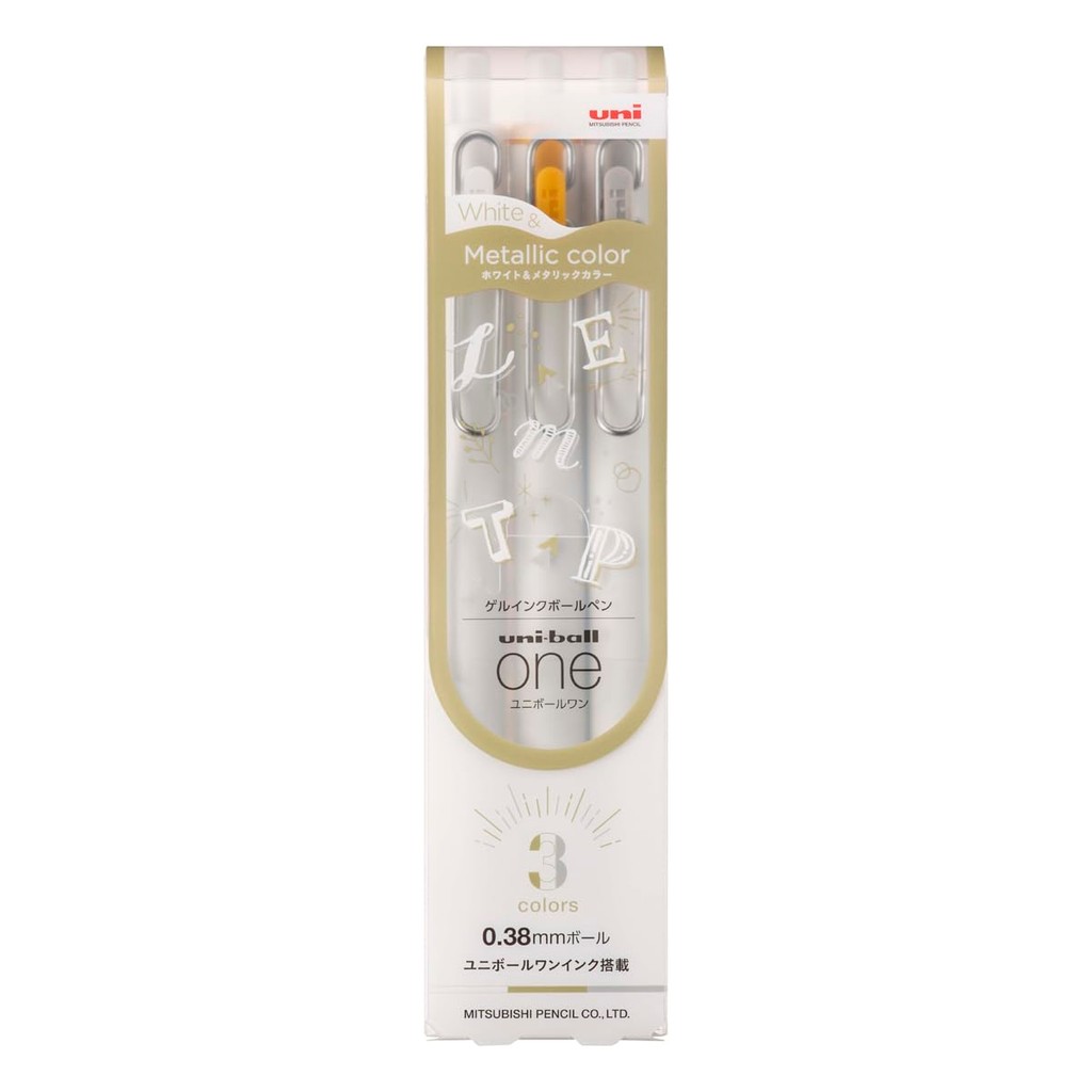 Caneta esferográfica Mitsubishi Pencil Gel Uniball One 0,38 Branco, Dourado, Prateado 3 peças UMNSC38WGS3C [Enviado dir